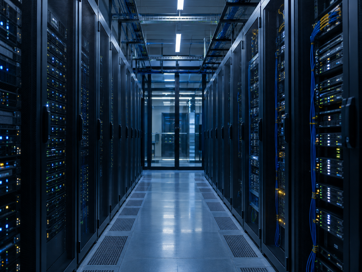 Corredor de infraestrutura de dados com racks de servidores.