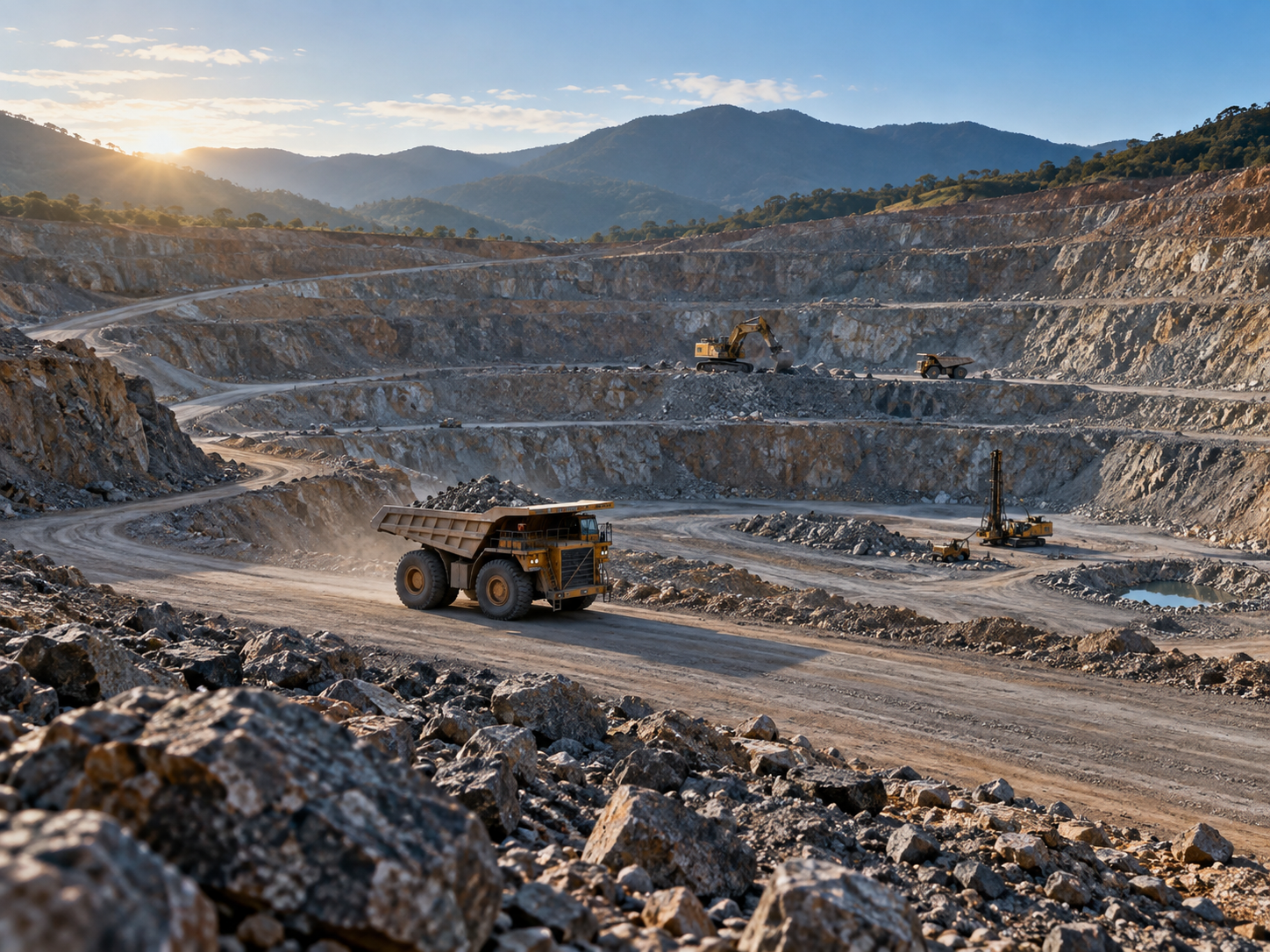 Operação de mineração com bancadas de extração e veículos industriais.